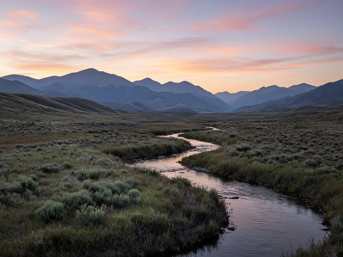 A creek winding through a sage valley beneath mountains at dusk